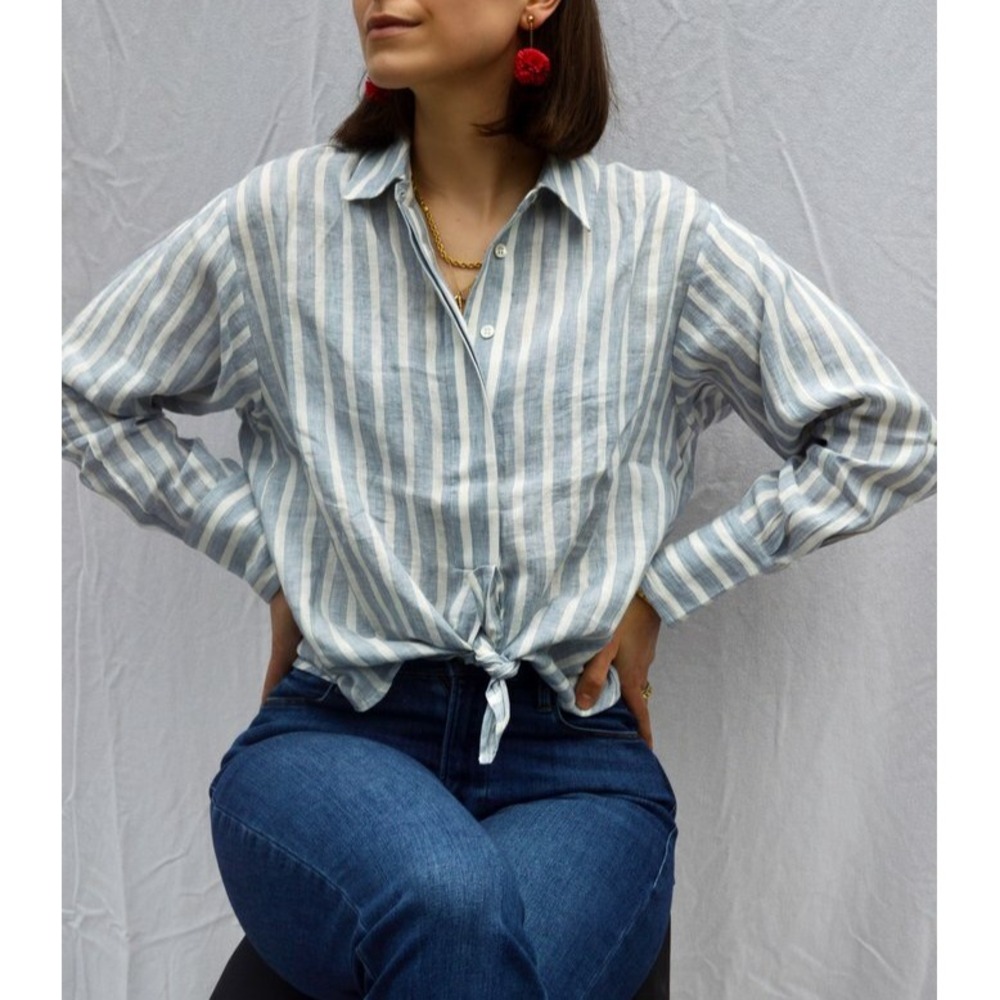 FRAME Tie-Up Striped 100% Linen Shirt Top Chambray Multi Size S $265